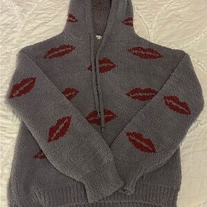 POL Gray Cardigan with Red Lip Design